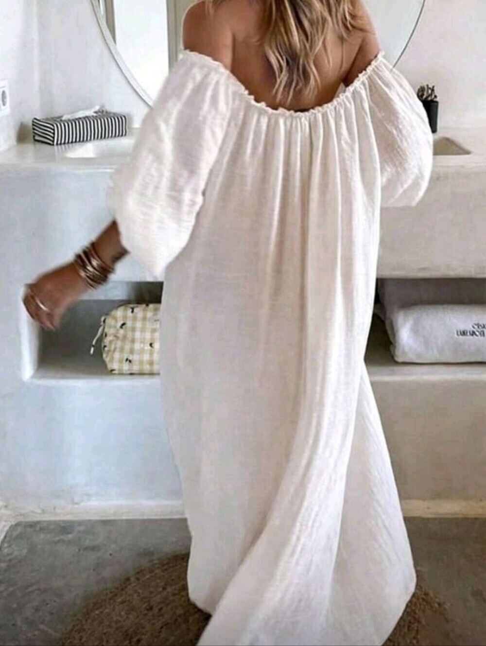 Women's Plain Off-Shoulder Lantern Sleeve Loose Long Dress With Frill Tri